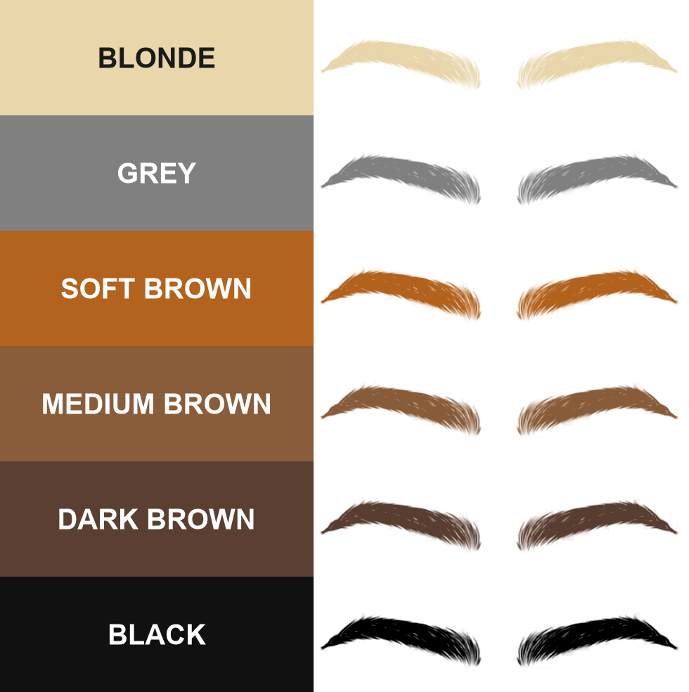 Browline brow stamp shade chart: Blonde, Grey, Soft Brown, Medium Brown, Dark Brown, Black