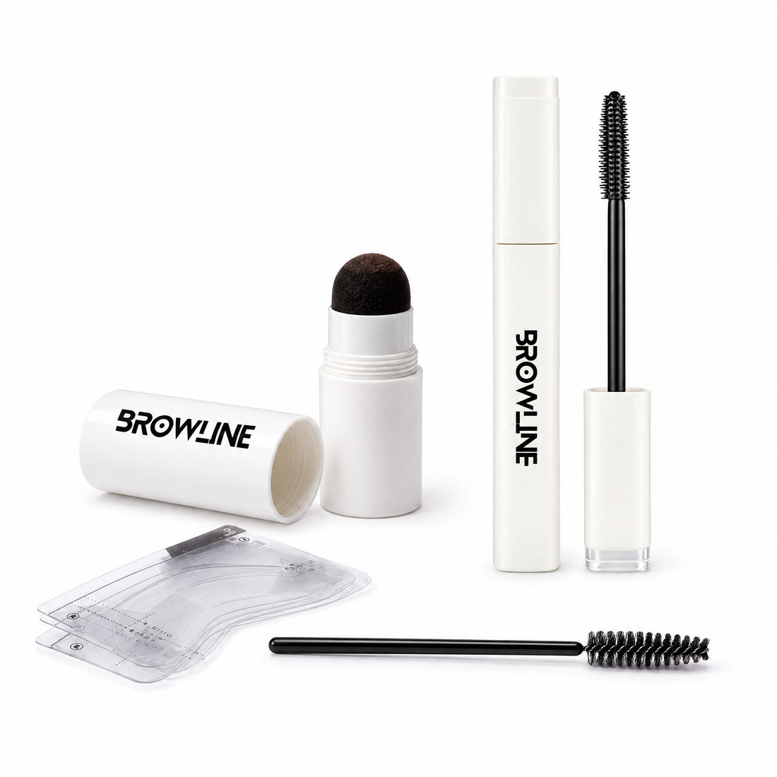 Everything in the Browline Brow Duo: brow stamp, cap, stencils, brush and clear brow gel